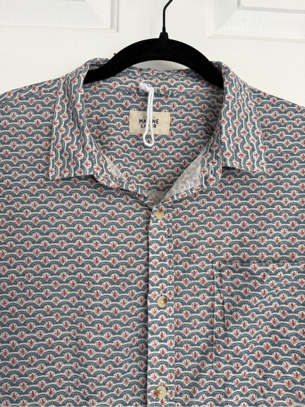 Marine Layer Men’s Large Button Up Shirt Blue Geometric Print Short Sleeve